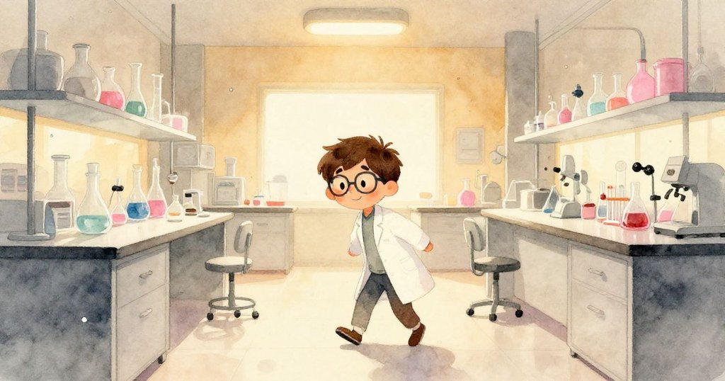 平靜實驗室中馬庫斯微笑回望,被安定的琥珀燈光和飄浮塵埃環繞,整體氣氛溫暖而祥和,故事圓滿結局。