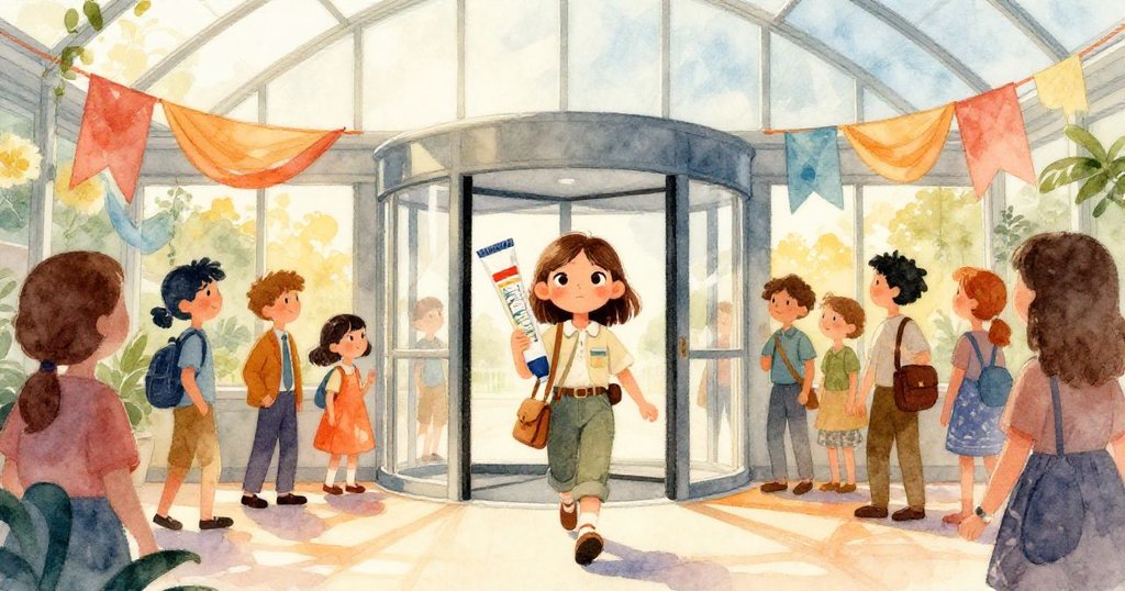 克拉拉帶著海報筒和畫布背包進入玻璃屋頂大廳，熱情面孔展露決心，現場人潮互動繁忙，序幕展開。