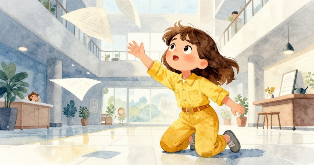 從低角度看見克拉拉跪在光滑瓷磚上，面露決心與驚奇，努力撿拾飛舞頁面，場景漸入高潮。