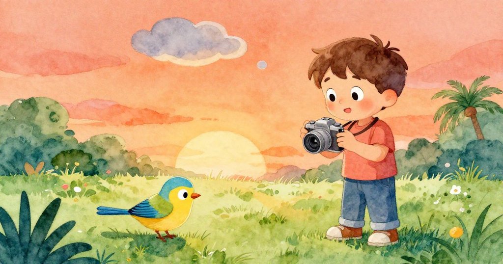 本在綠色庭院中，持相機觀察在夕陽下啄食草地的鳥，臉上流露出好奇與喜悅，天空橙光燦爛