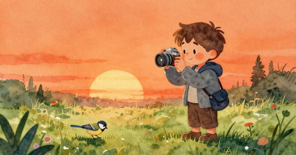 本專注握住小相機的細節，夕陽溫柔光芒映襯其手部動作，充滿期待與專注，背景隱約呈現庭院輪廓