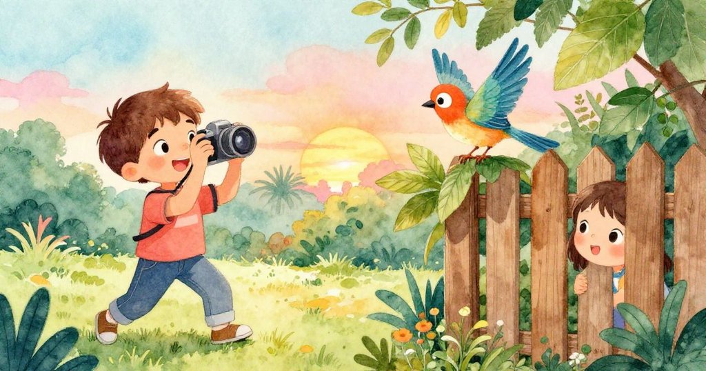 本一邊舉起照相機瞄準鳥兒，另一邊鳥兒藏於樹葉旁，鄰居好奇探頭觀看，庭院暖光斑斕呈現多重動感