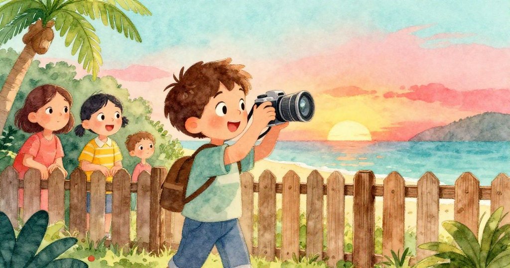 本迅速按下快門拍照，鄰居好奇望向木柵欄，夕陽餘暉映照本滿足笑容與活力庭院景致