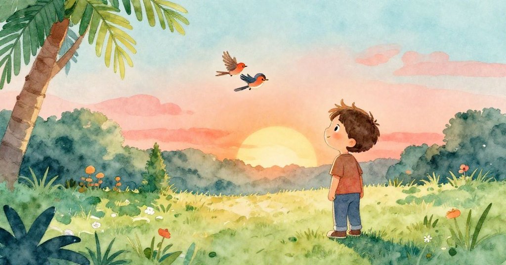 本靜謐庭院中，鳥兒啁啾離去，本帶著寧靜微笑注視遠方夕陽餘輝，場景充滿恬淡與溫暖