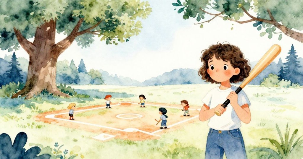 在陽光普照的後院，Mila拿著塑膠球棒，背景有老橡樹與粉筆線，眾親人準備熱鬧比賽，充滿期待與快樂。