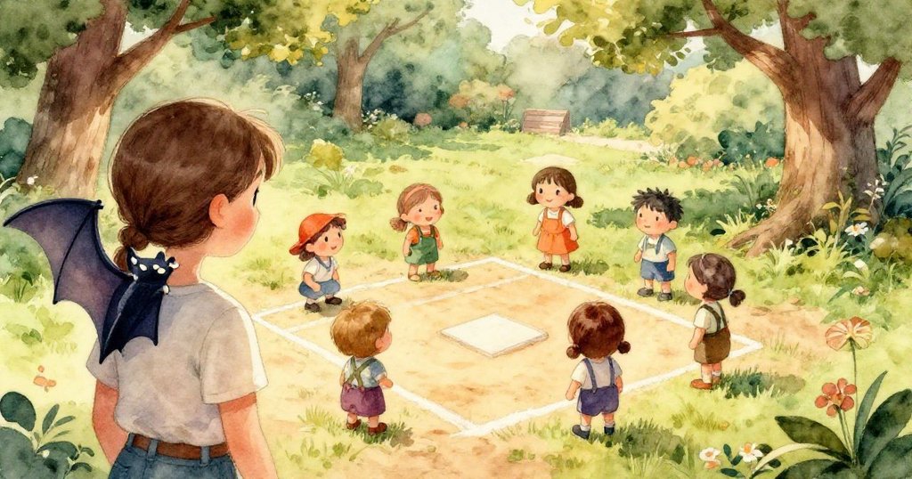 Mila聚精會神握著塑料球棒，細緻粉筆線與質感清晰展現準備擊球前的緊張與活力。