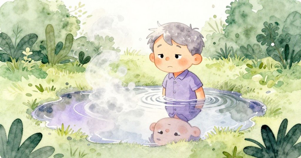 Uncle Ray在花園水漬中映出愉悅表情，淺紫與銀灰色輕描塵土飄散，充滿幽默與動感。