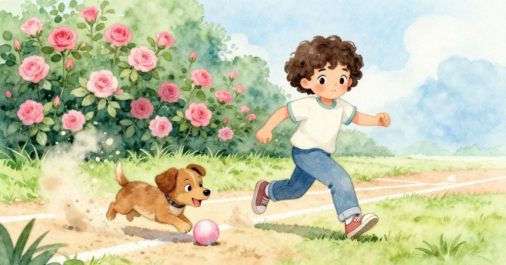 Mila與親戚奔跑追逐搶球小狗，草地塵土飛揚，玫瑰旁展現活力與歡笑，氣氛緊湊愉快。