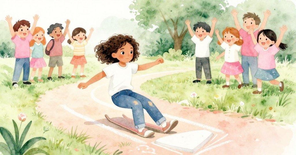 Mila滑過粉筆劃定的家板，褲子沾滿綠草污跡，隊友們熱烈慶祝勝利，充滿興奮與團結。