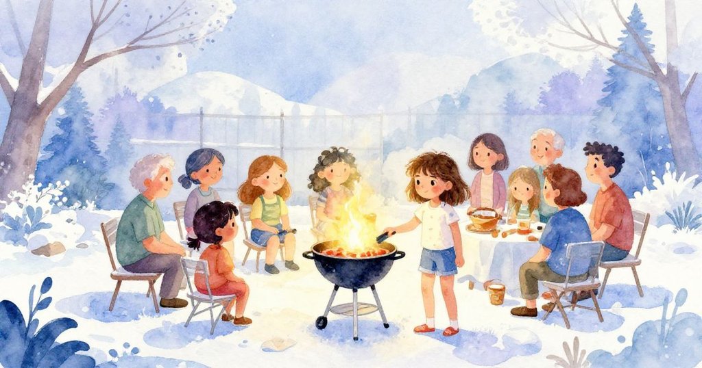 Mila在後院擦拭膝上塵土，笑容滿面迎接聚餐，家人團聚於燒烤旁，充滿溫馨與快樂結局。