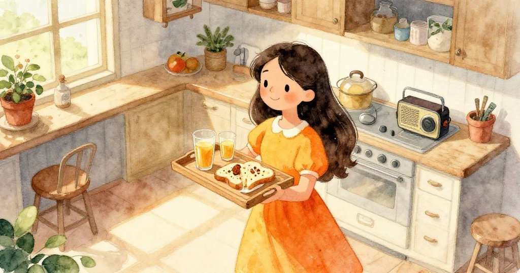 Rosa在溫暖廚房中平衡托盤,廚房窗外連接小院,神情專注,展現故事開端的忙碌與溫馨。