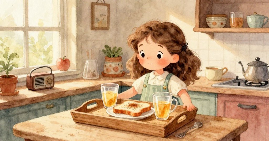 Rosa精心擺放的木托盤上蘋果汁杯和吐司特寫,細節豐富,充滿家的溫暖與努力意涵。
