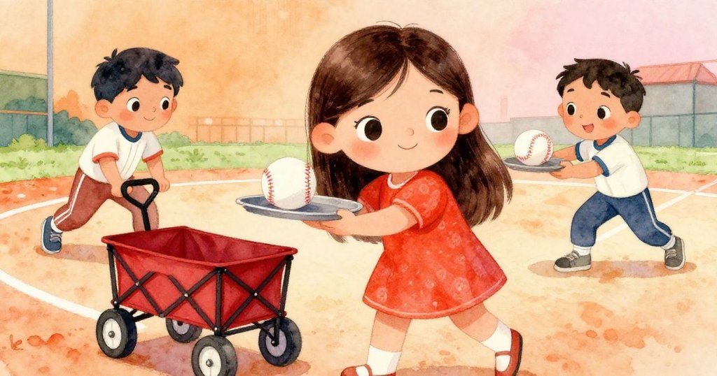 Rosa在庭院中果斷地將托盤放上玩具車,背景中Miguel在比賽中,神情堅定與活力四射的瞬間。