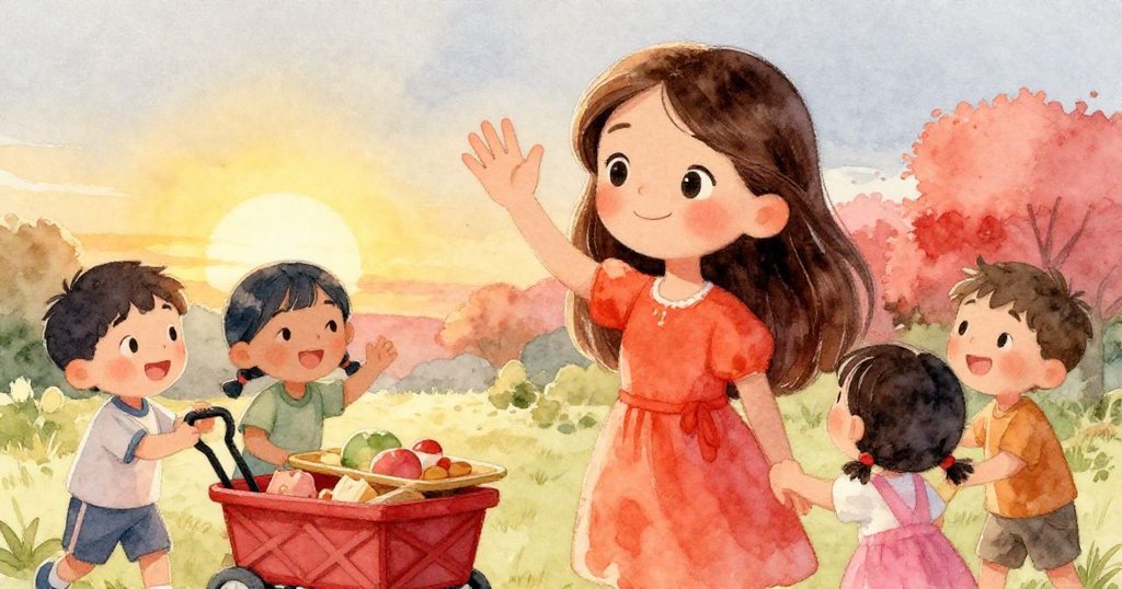 Rosa在夕陽下向孩子們微笑揮手告別,孩子們歡聚草地慶祝意外轉變,場景充滿溫暖與喜悅。