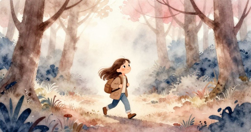 Ruta穿著背包走入籬笆旁霧氣瀰漫的森林中，晨光柔和，展現堅定與探索之情。