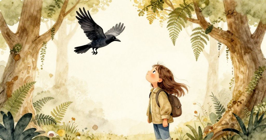 Ruta仰望黑烏鴉飛過灰色天空，古老樹木與蕨類交織出豐富細節，她臉上滿是好奇與驚喜。