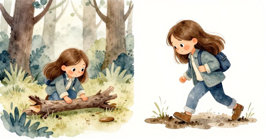 Ruta在兩個畫面中展現奮鬥，左邊跪著移開倒下的樹枝，右邊小心踩在濕泥上，背景有繁茂蕨類與森林景致。