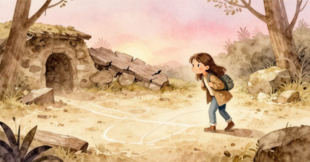 Ruta在隱秘空地上發現老沙地痕跡，薄草隨陽光閃耀，從晨光逐漸轉為黃昏，她彎腰仔細檢查粉筆痕跡。