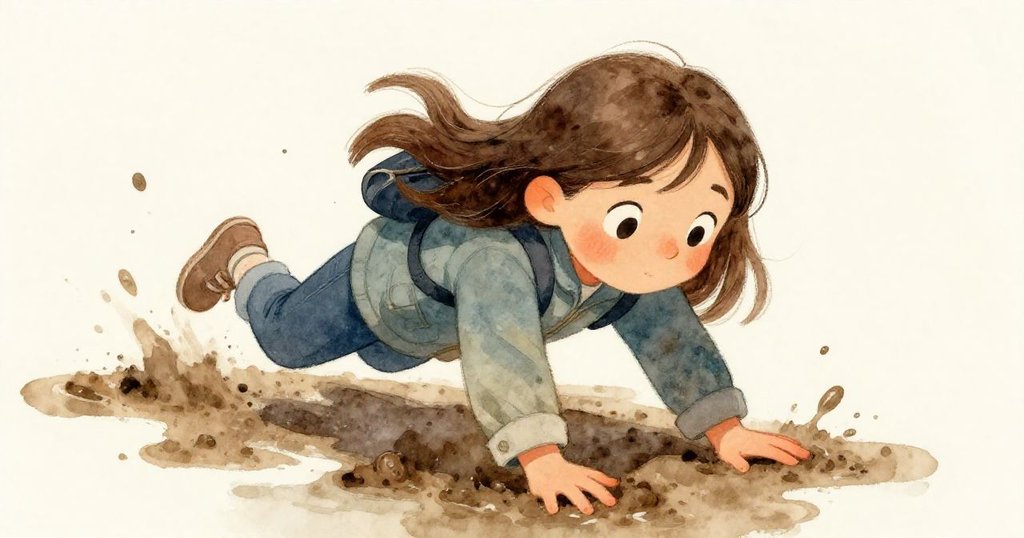 Ruta因踩到泥土滑倒，雙手迅速著地穩住身體，臉上流露出決心與輕微擔憂，背景呈現清晰泥跡和落葉。