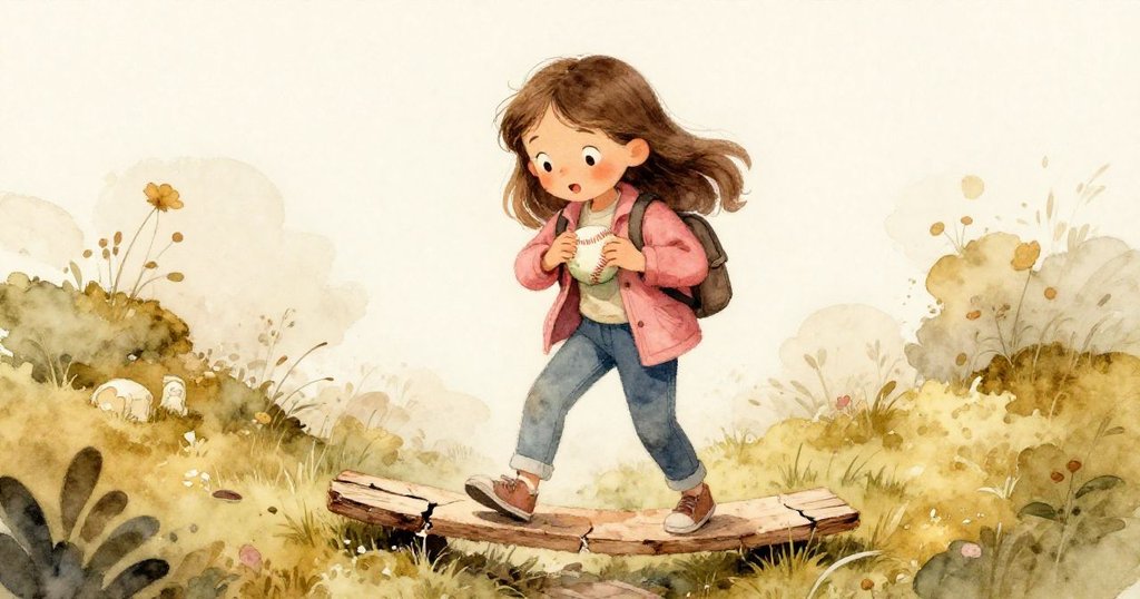 Ruta在找到失蹤棒球後，小心地將球收進外套，站在破損木板上，腳邊粉筆痕跡散發著神秘氛圍，她表情充滿釋然與好奇。