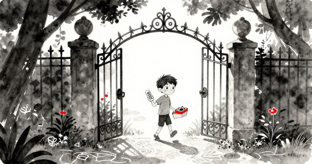 Julian步入河畔花園，透過鐵門進入庭院，地上舊粉筆圖形隱約可見，神情平靜又期待。