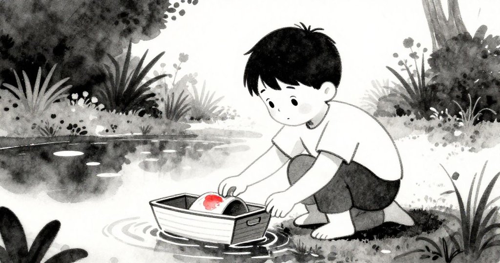 Julian跪在池邊操作小船，遠景庭院寬闊，光線穿梭於樹葉間，他神情專注且寧靜。