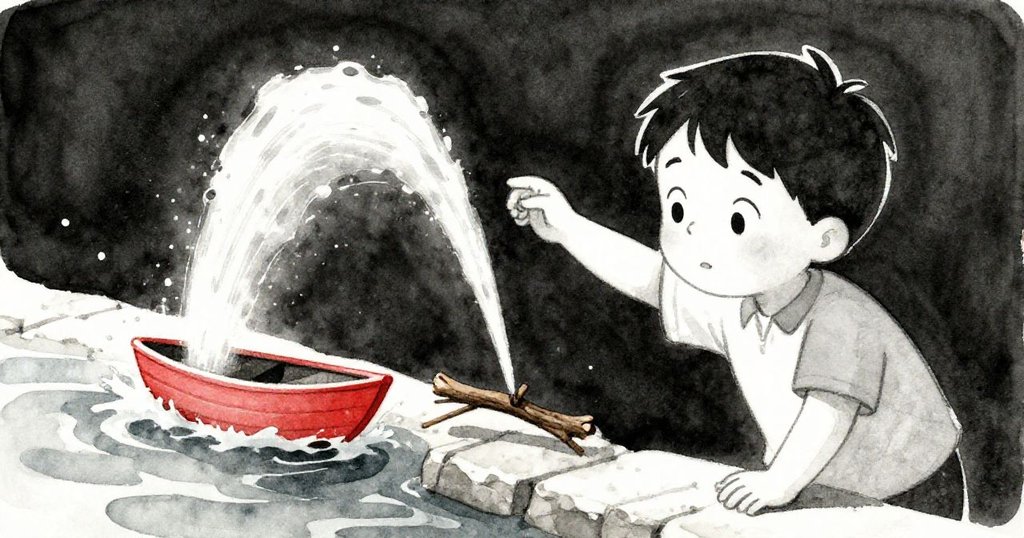 小船誤觸植被引動噴泉，Julian忙著調整遙控器，石板上散落水珠，驚喜與急切互現。