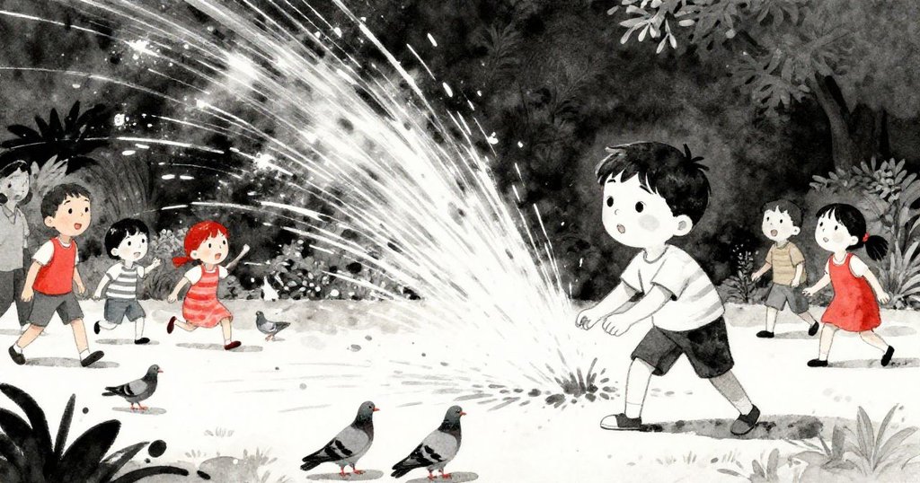 水柱猛然噴出，行人驚愕躲避，鴿群振翅掠過，瞬間動感充滿庭園澄明光影。