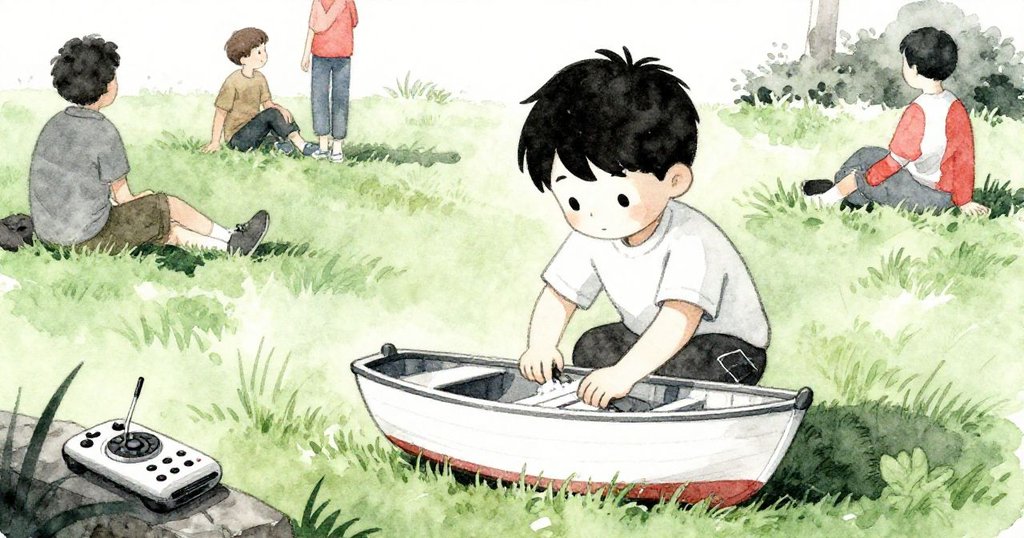 事件平息後，Julian輕拭小船坐於草地上休憩，遠處庭園恢復平靜，溫暖安寧充滿每個角落。