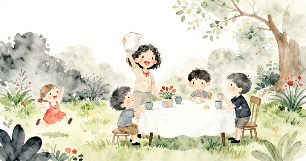 在陽光明媚的花園派對中，Mia舉起高水罐，Leo整齊擺放杯子，孩子們奔跑跳躍，展現活力與歡樂情緒。