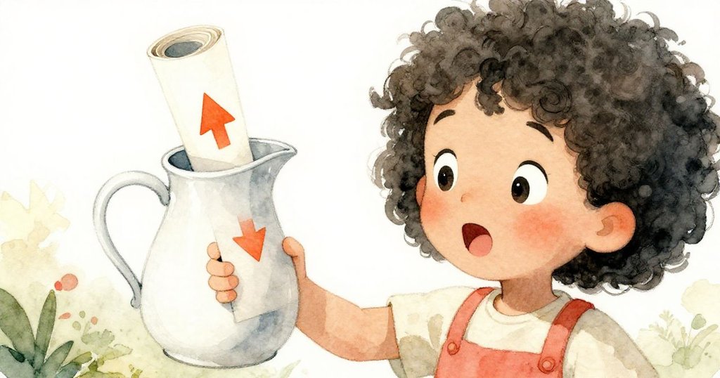 Mia驚訝地注視空水罐中的捲紙，捲紙上亮橙箭頭閃爍，細膩呈現神秘發現的緊張與好奇。