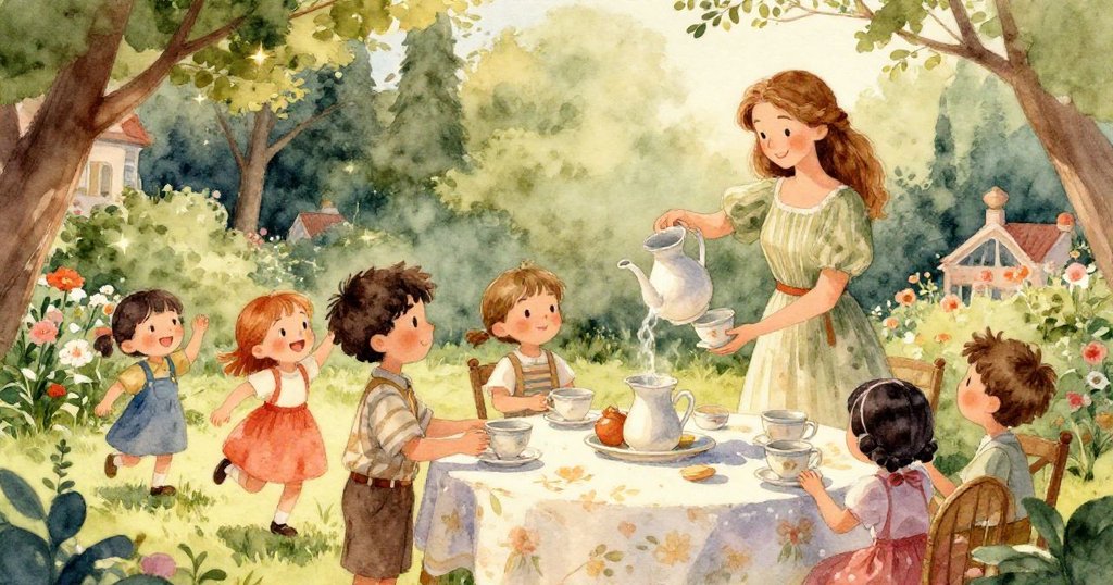 液體從水罐中飛濺而出，在透明水花中反射花園與孩子們歡笑的倒影，營造神奇派對氣氛。