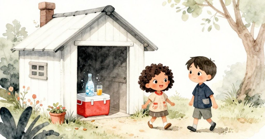 Mia與Leo沿著橙箭指引步入鄉村風格小木屋，發現放有冰水與橙汁的冷卻器，充滿神秘與期待。