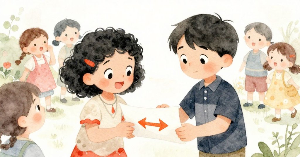 Mia細心展開神秘卷紙，Leo好奇凑近觀察，孩子們環繞呈現驚奇與喜悅，氣氛溫馨而神秘。