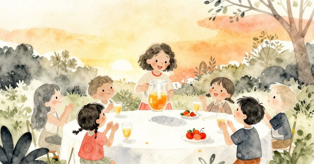 落日餘暉映照花園，Mia將橙汁倒入杯中，孩子們歡呼品嘗，Leo微笑陪伴，營造溫馨慶祝氣氛。