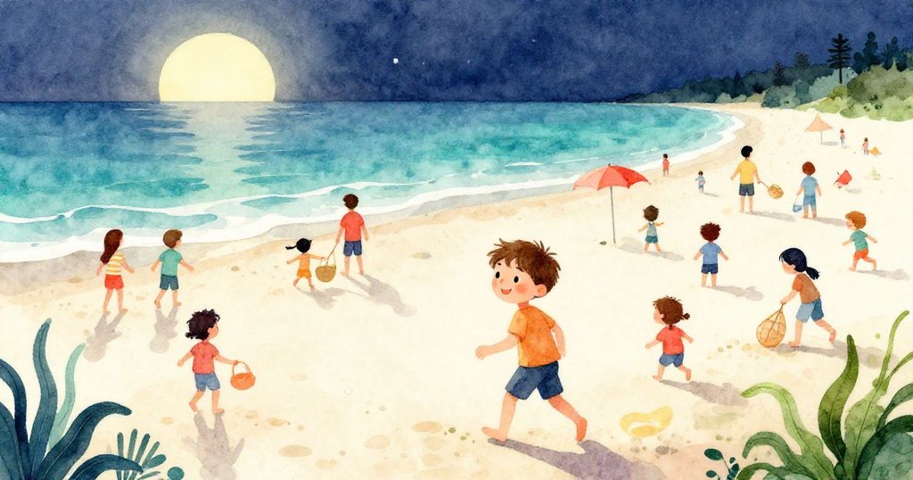 Liam在寬闊海灘上穿梭於眾多家庭與孩子之間，臉上充滿好奇與期待，陽光灑落海浪閃爍。