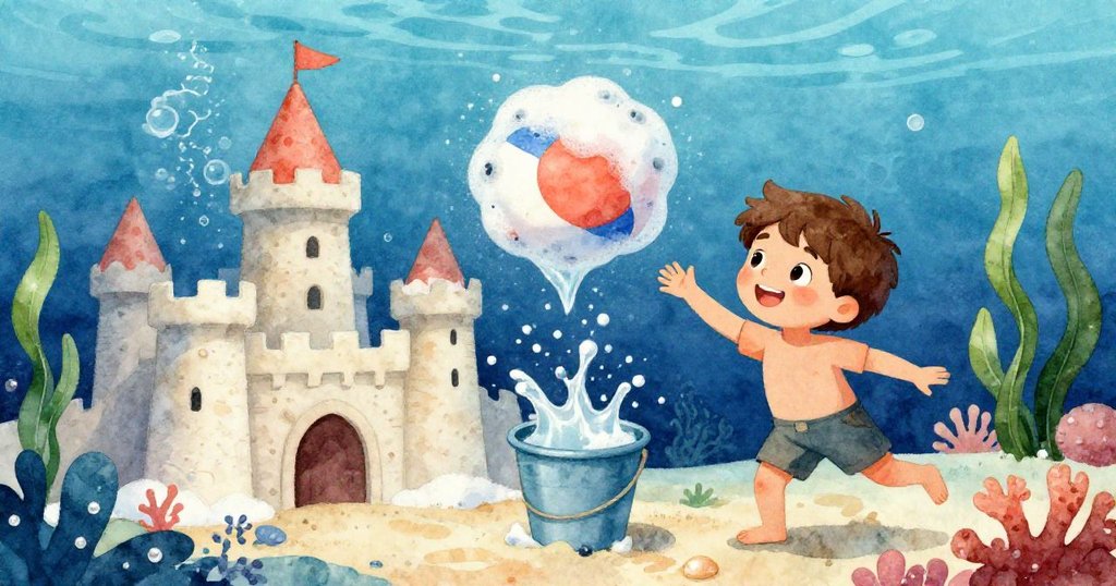 泡沫球高速飛向桶子撞擊，水花四濺覆蓋沙堡與路線，Liam驚訝觀看，情節進入高潮。