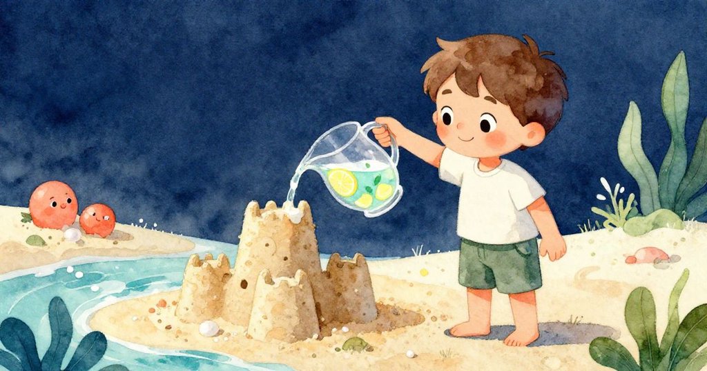 Liam沉思中拿起透明水壺倒出檸檬水修補護城河，臉上滿是決心與希望，情節轉入關鍵決定。