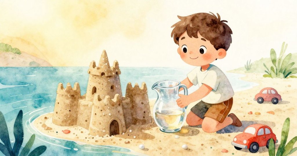 Liam滿意地將水壺放在修復完畢的沙堡護城河旁，沙牆閃耀著溫暖光芒，故事落下溫柔尾聲。