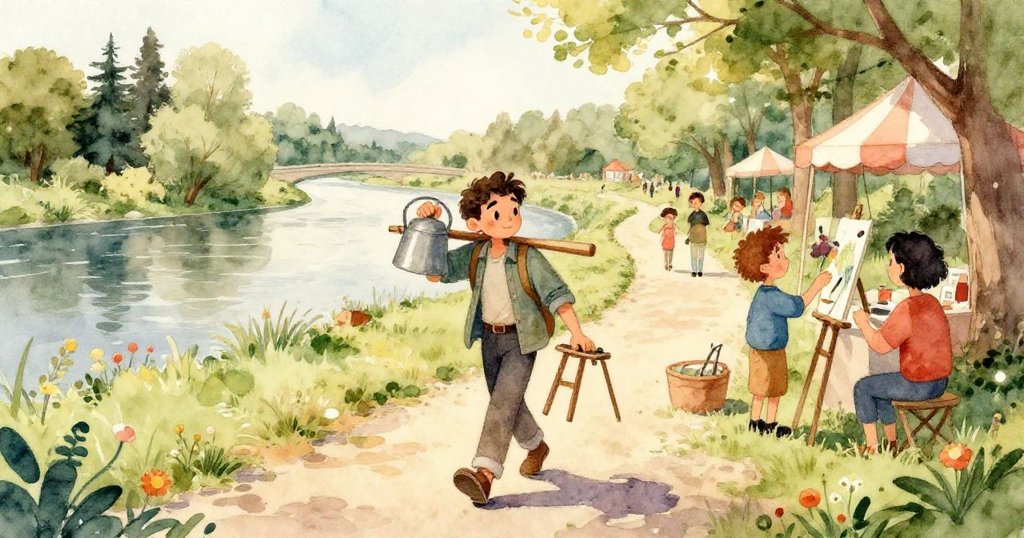 馬努埃爾跪在柔軟草地上,雙手撿起散落顏料和斷裂的涼鞋,神情專注且溫柔