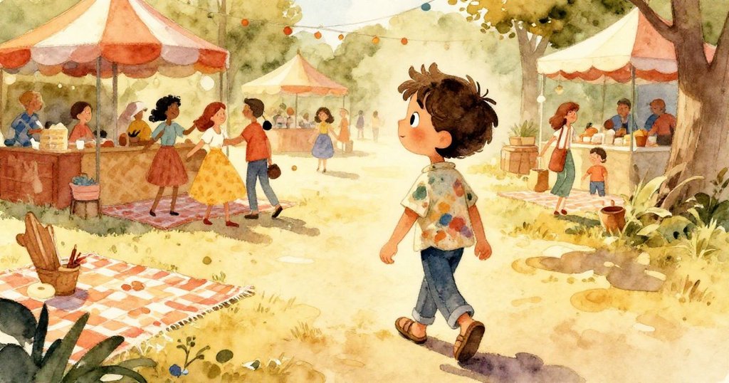 從馬努埃爾背後看,他小心前行穿越旋轉舞動的情侶和野餐墊,眼神專注充滿期待