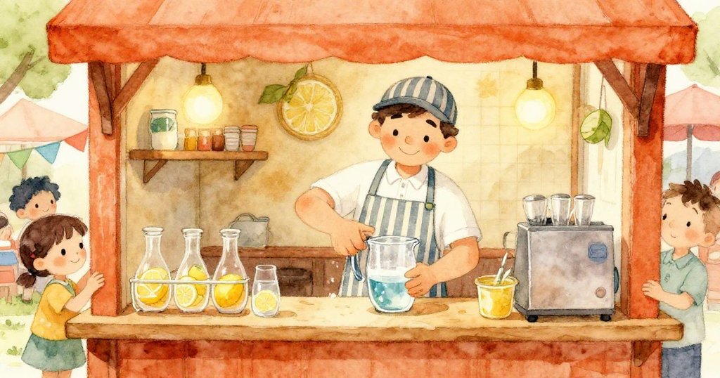 友善的檸檬水攤販在小攤位內仔細清洗清澈水罐,溫暖室內光線中映出市集節慶氣氛