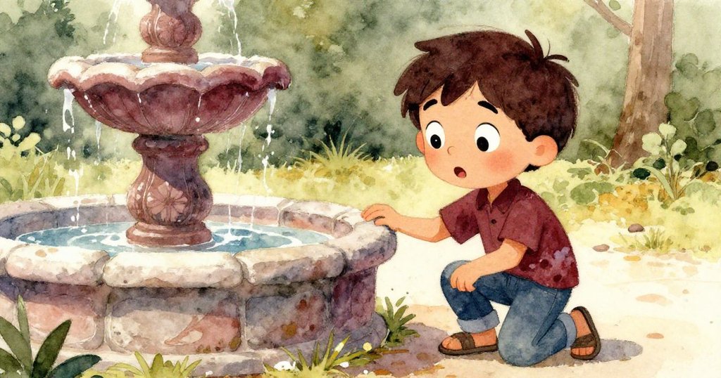 馬努埃爾驚奇地注視著乾涸的石質噴泉,眉頭微挑,充滿好奇與思索