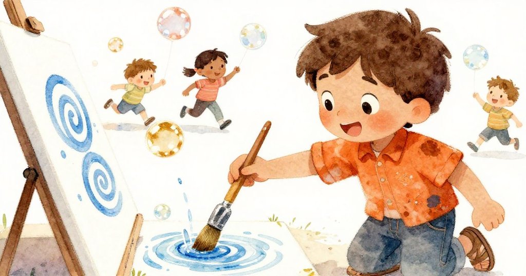 馬努埃爾受到啟發浸筆於清澈水中,創作藍色漩渦,背景孩子嬉戲追泡泡,畫面充滿希望與詩意