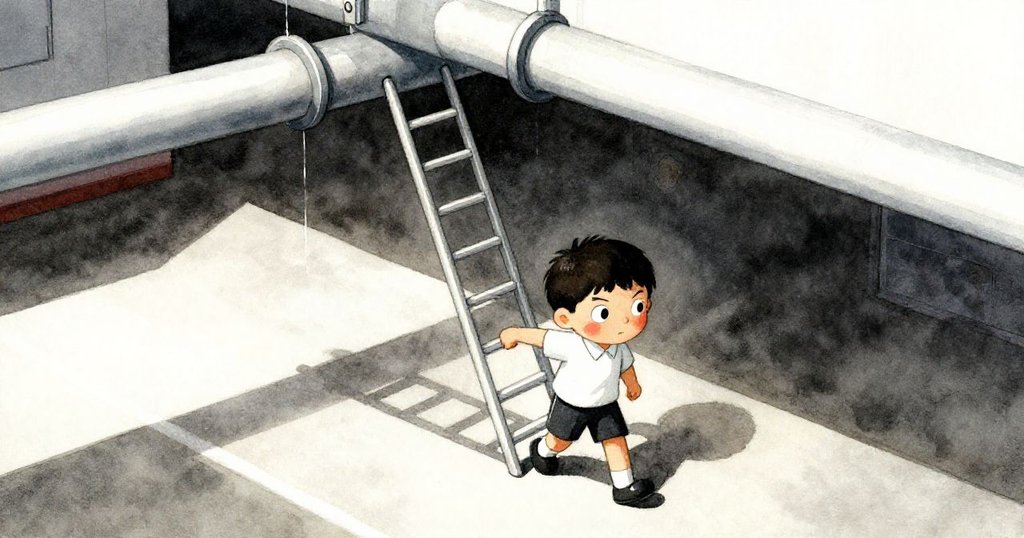 從高處俯視，喬爾拖著梯子準備攀爬管道，臉上既緊張又果斷，展現問題升溫的局面。