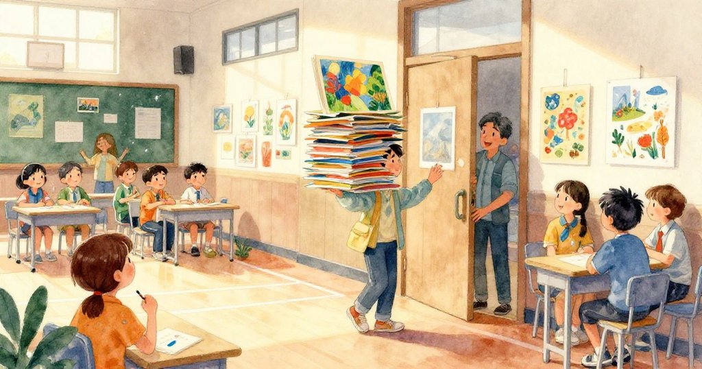 展覽區內水流觸碰畫作，助手推著黃色垃圾桶急忙清理，現場充滿緊張忙碌與意外狀況。