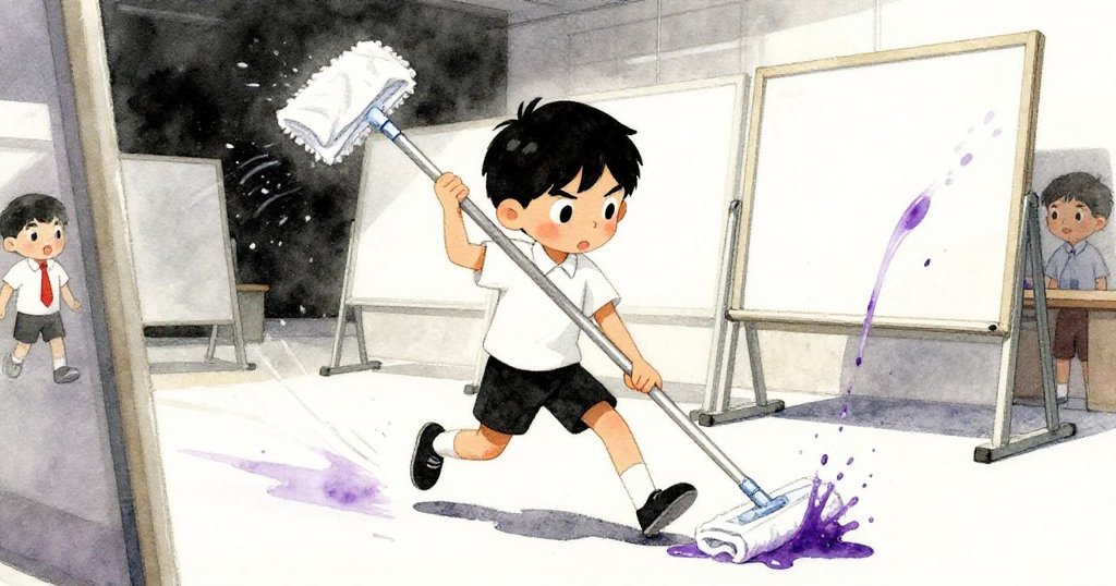 喬爾急換毛巾清理滴落於展板上的紫色染料，動作迅速中充滿焦慮與決心，情勢緊迫。