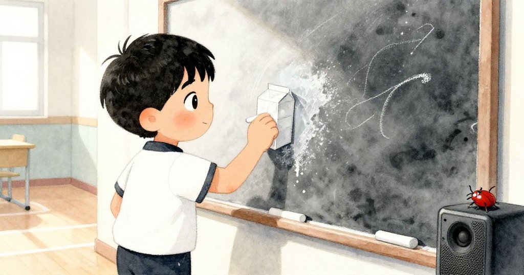 喬爾用白粉筆混合水桶糊狀物修補展板，細膩粉筆圖樣與小甲蟲呈現出故事延續的神秘意境，舒緩局面。