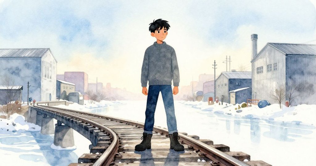 艾利亞斯立於老舊天橋上,黎明前的微光映襯他敲打鐵軌,展現堅定又期待的心情。