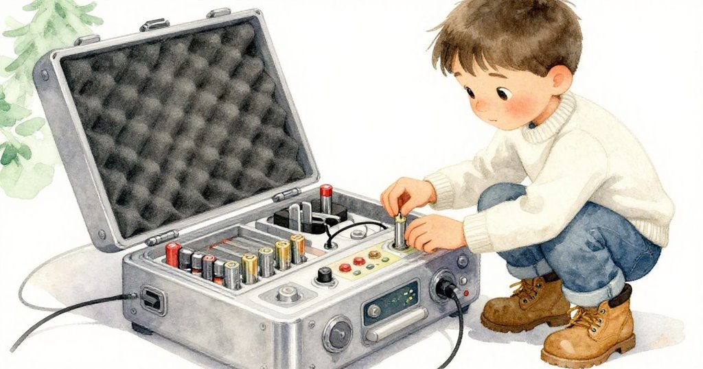 艾利亞斯專注調整錄音設備,雙手細緻裝配泡棉籠與電池,呈現認真與準備迎接挑戰的情緒。